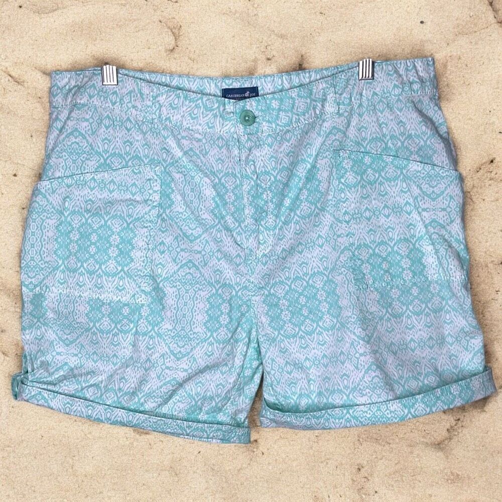 Carribean Joe Woman Size 16 Green Lagoon‎ Ikat Print Bermuda Shorts Pockets
